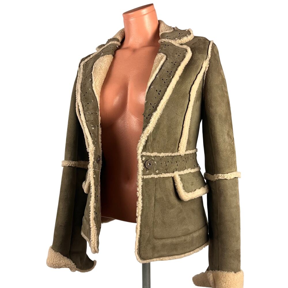Y2K Shearling Sheepskin Fur Leather Blazer Jacket XS-S Mos